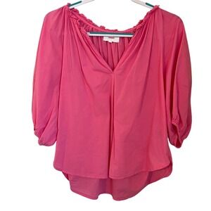 Xirena Size M Jules Pink Cotton Ruffle V-Neck Puff Sleeve Blouse Top